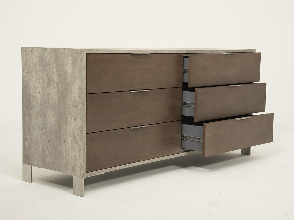 30" Dark Walnut Veneer Steel And Concrete Dresser With 6 Drawers