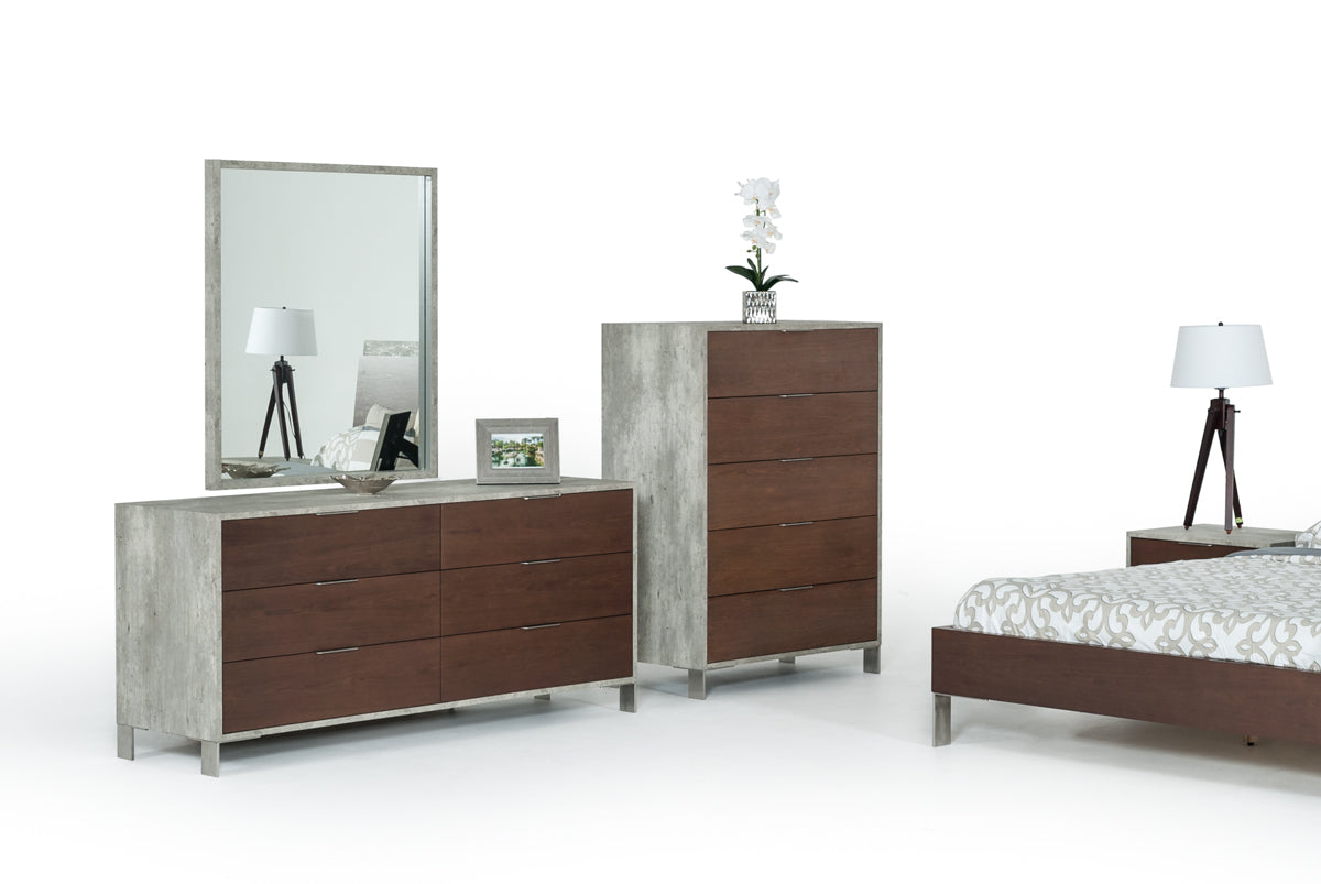 30" Dark Walnut Veneer Steel And Concrete Dresser With 6 Drawers