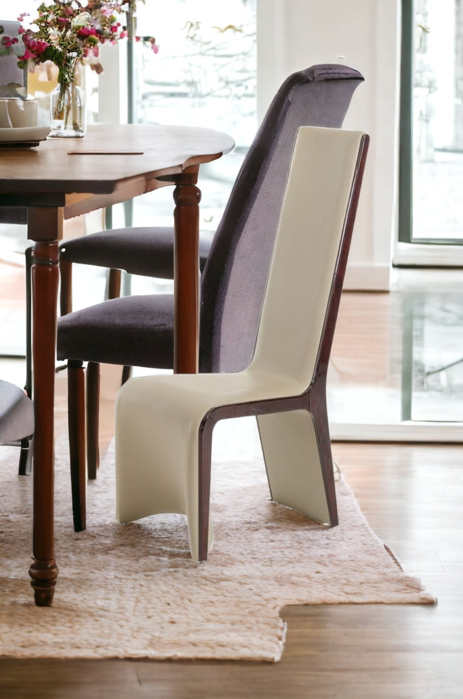 Two 47" Ebony Wood And Taupe Leatherette Dining Chairs