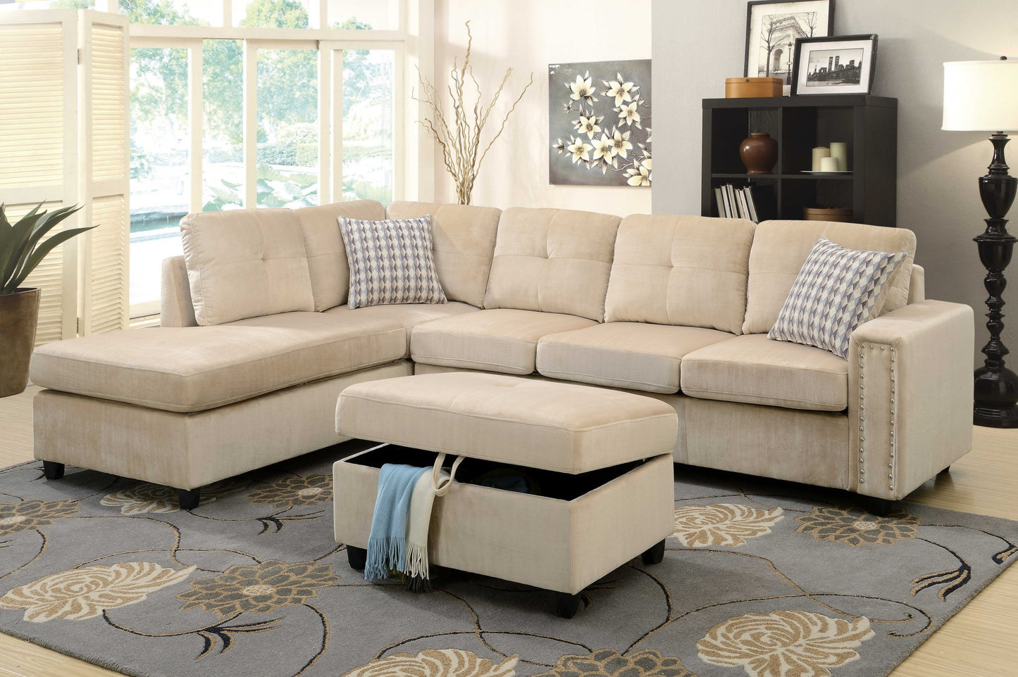 Beige Velvet Stationary L Shaped Sofa And Chaise