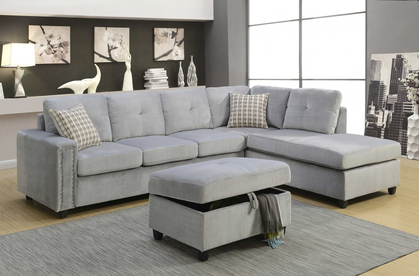 Beige Velvet Stationary L Shaped Sofa And Chaise