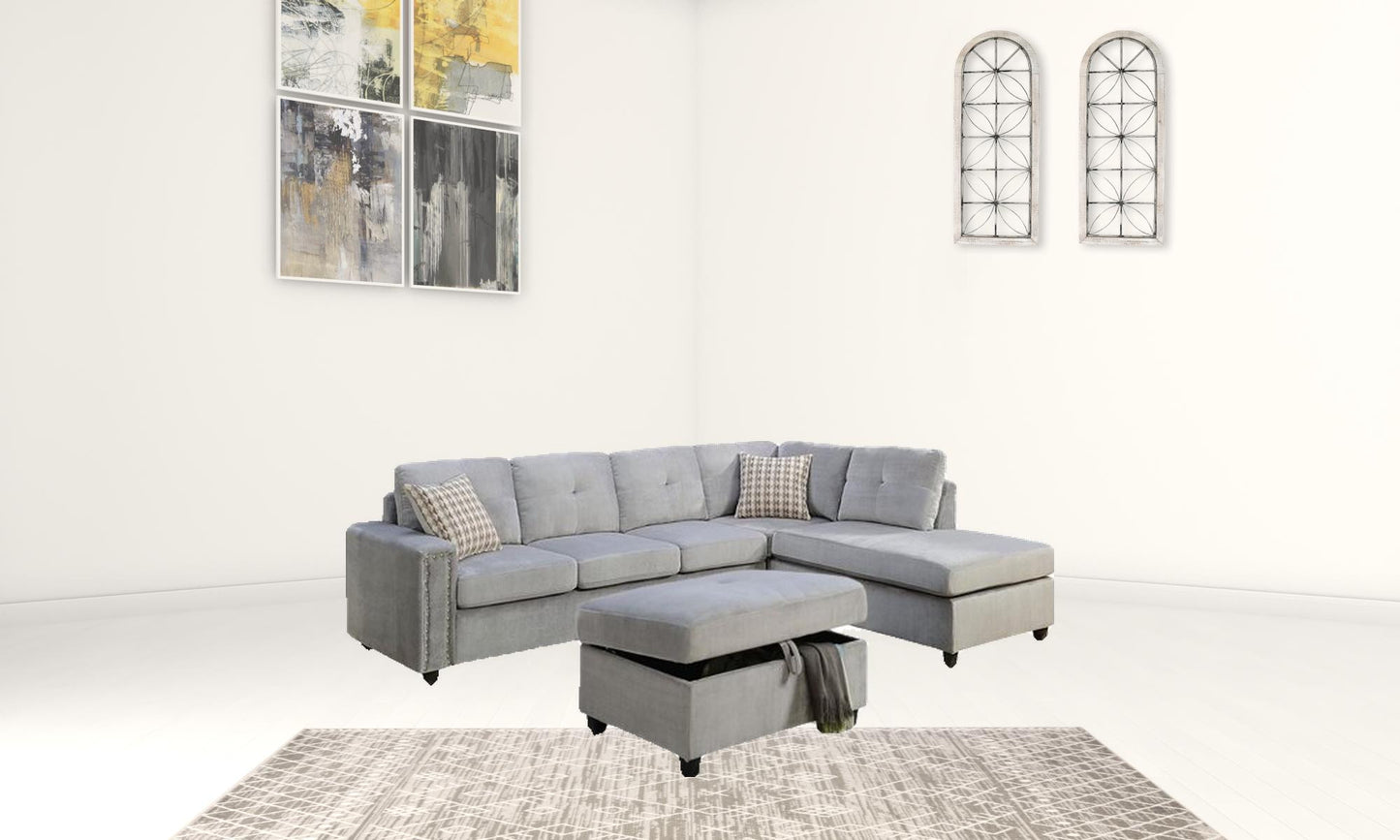 Beige Velvet Stationary L Shaped Sofa And Chaise