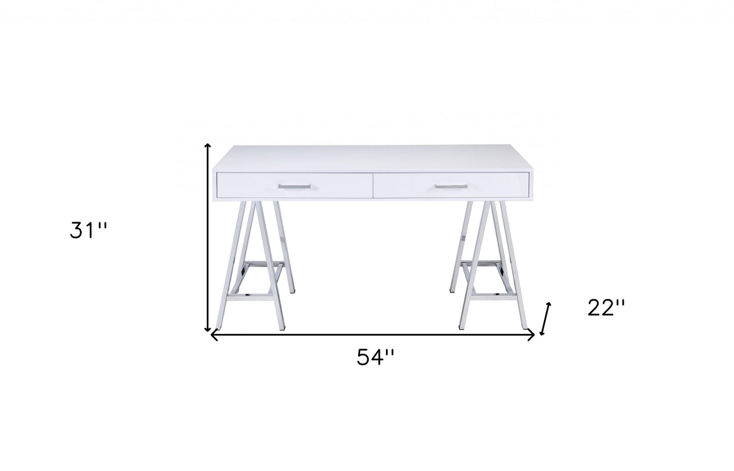 54" White And Silver Writing Desk With Two Drawers