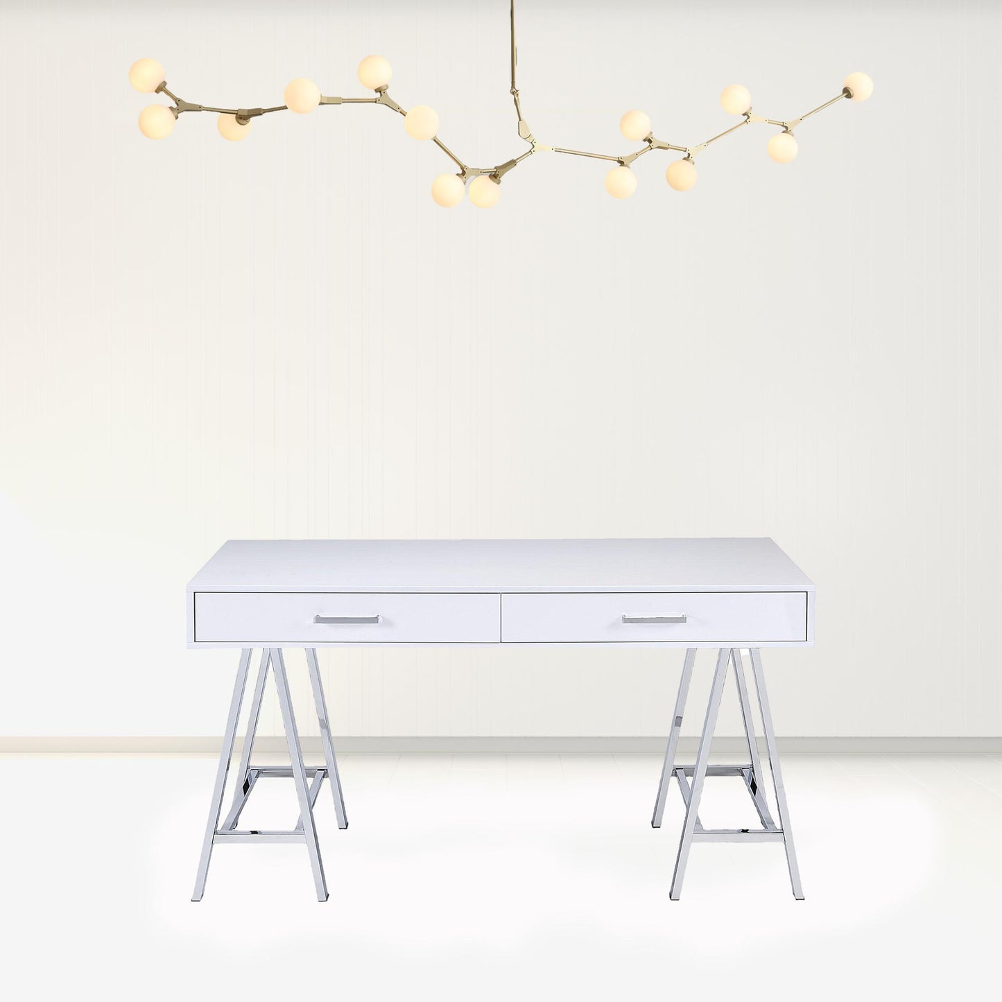 54" White And Silver Writing Desk With Two Drawers