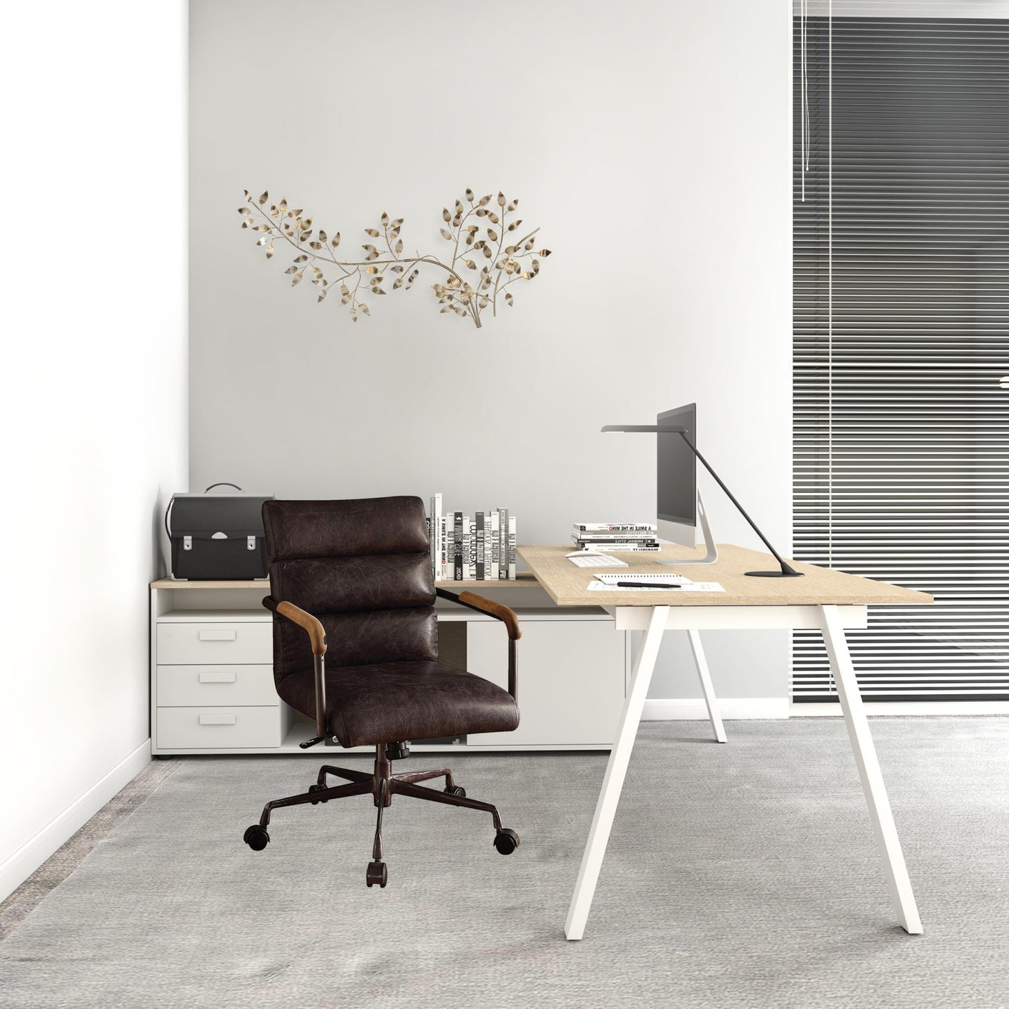 24" X 25" X 32" Vintage Black Top Grain Leather Office Chair