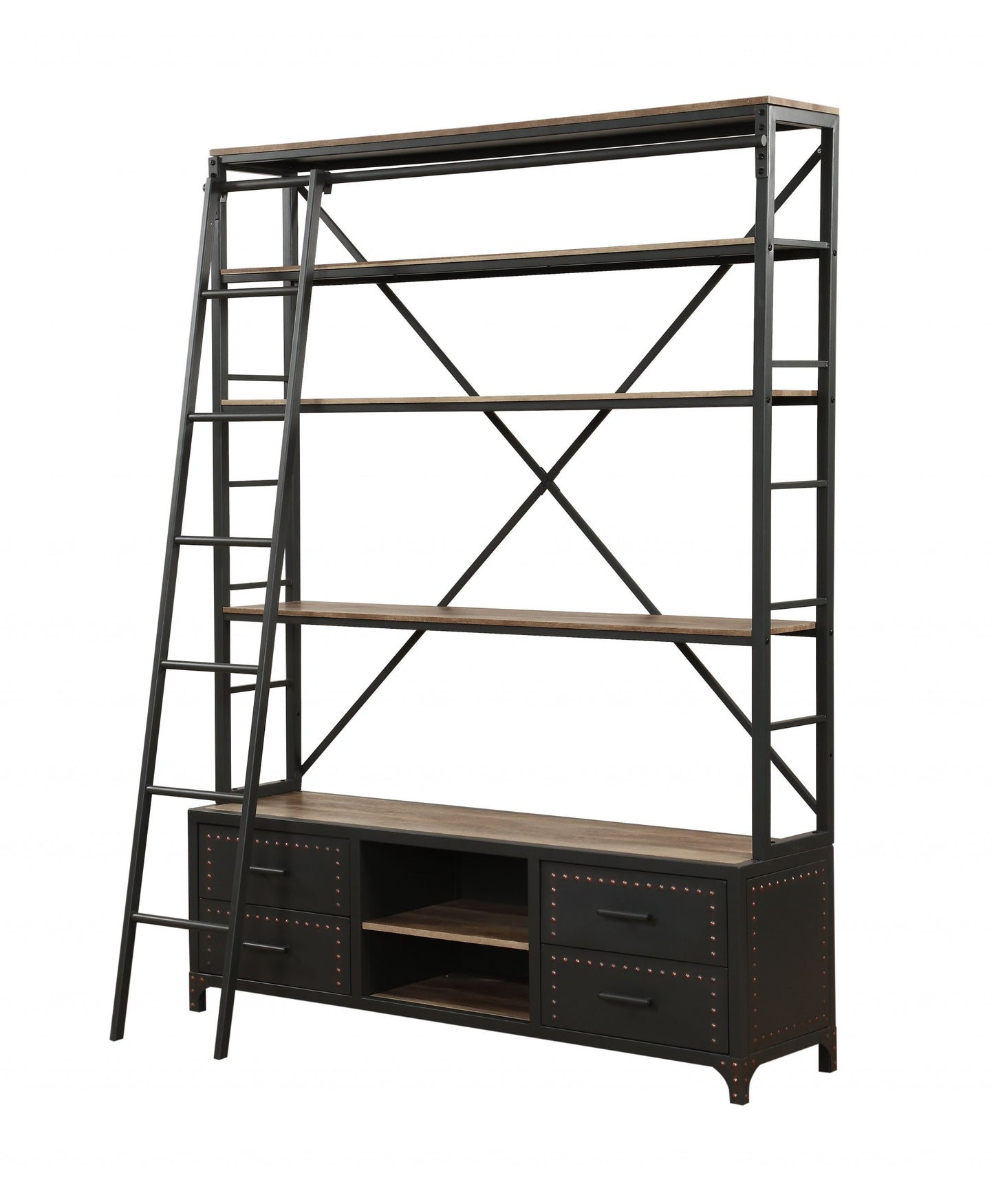 83" Dark Gray Metal and Wood Five Tier Oversized set Bookcase with Four drawers