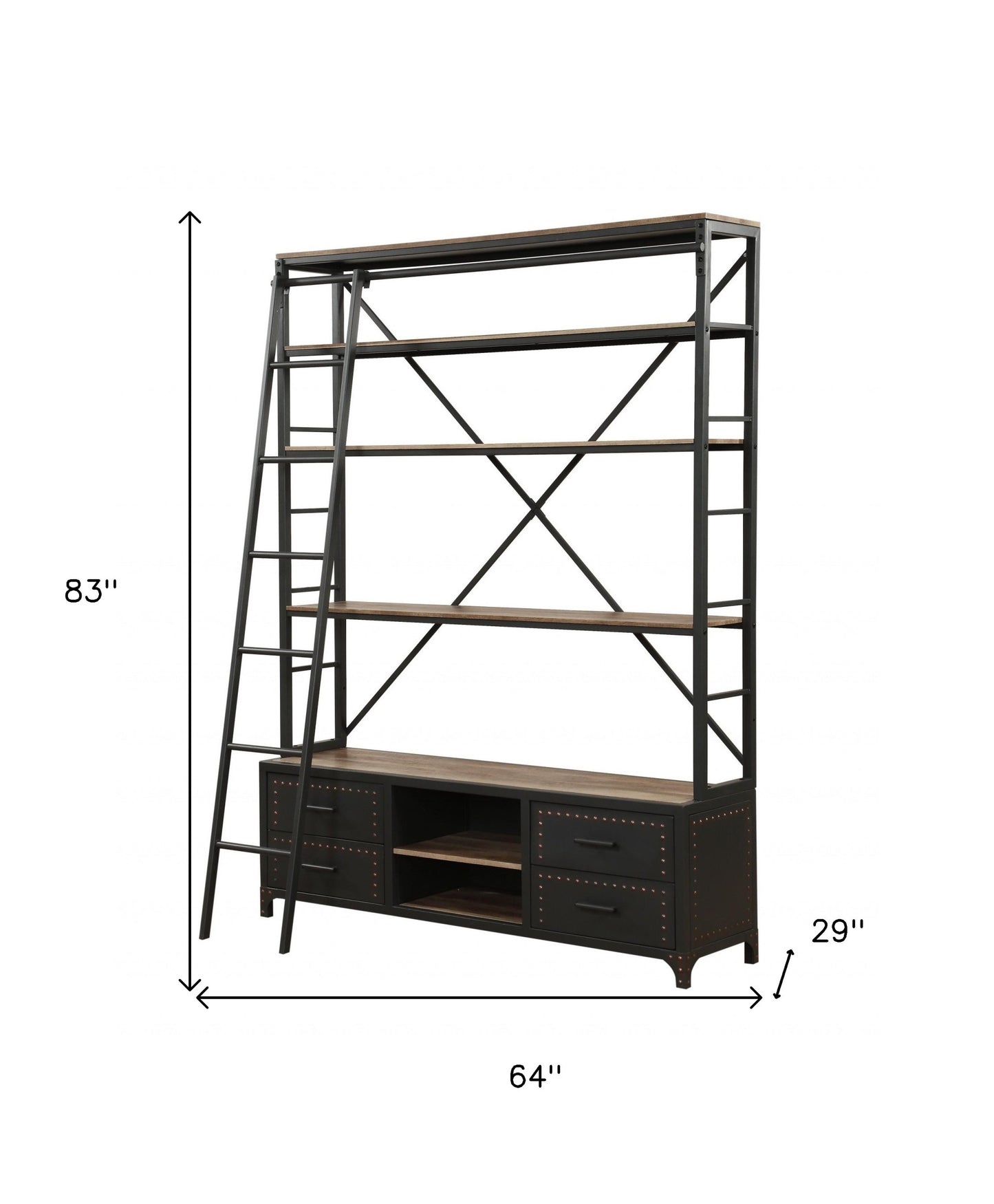 83" Dark Gray Metal and Wood Five Tier Oversized set Bookcase with Four drawers