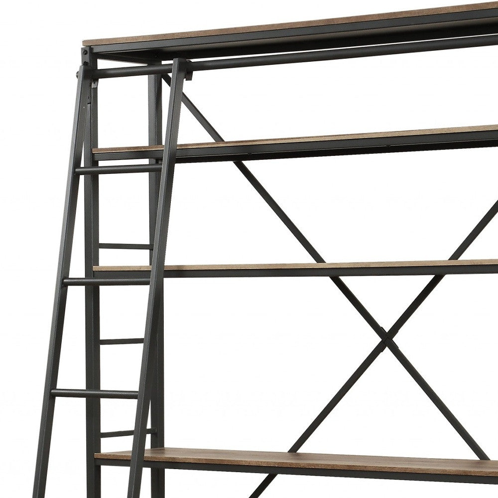 83" Dark Gray Metal and Wood Five Tier Oversized set Bookcase with Four drawers