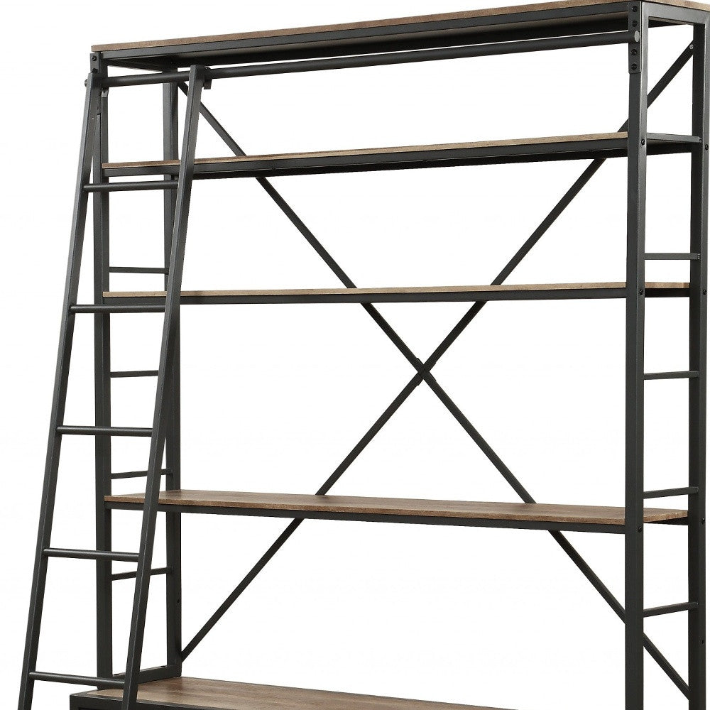 83" Dark Gray Metal and Wood Five Tier Oversized set Bookcase with Four drawers
