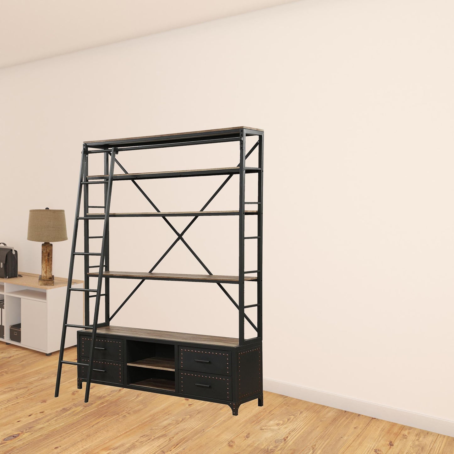83" Dark Gray Metal and Wood Five Tier Oversized set Bookcase with Four drawers
