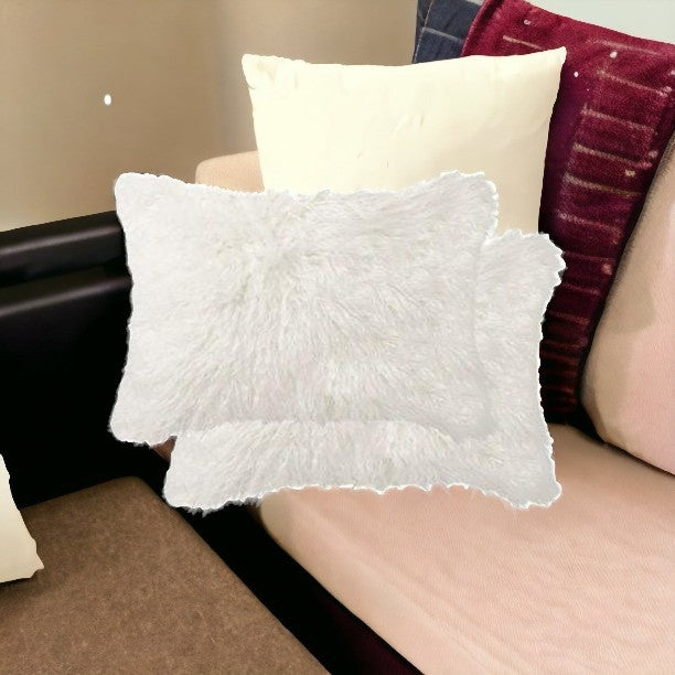 Set of Two 12" X 20" Off White Faux Fur Zippered Pillow