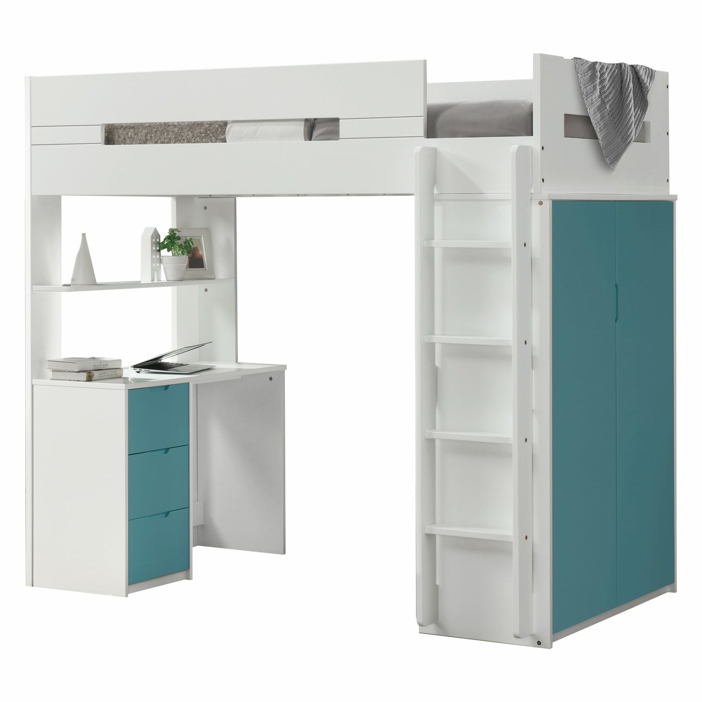 White And Natural Twin Loft Bed And Desk
