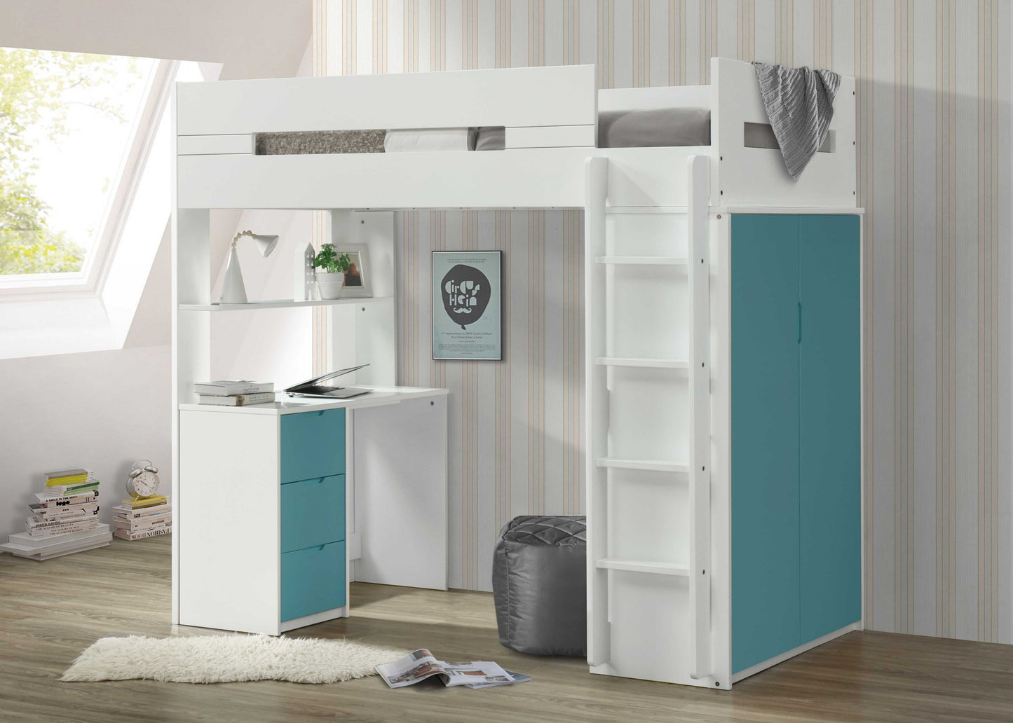 White And Natural Twin Loft Bed And Desk