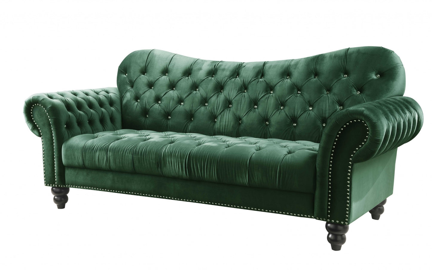 91" Green Velvet and Black Sofa