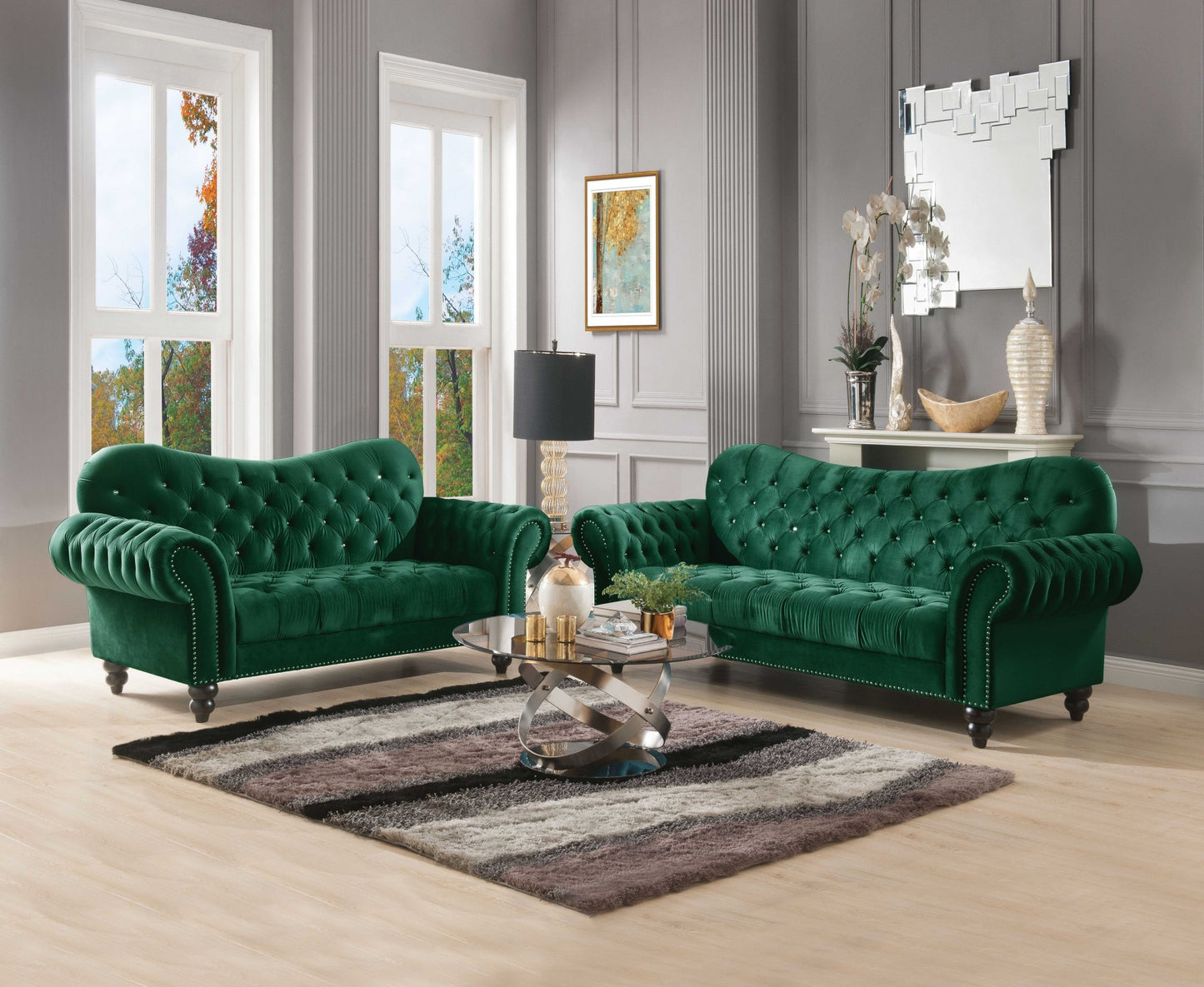 91" Green Velvet and Black Sofa