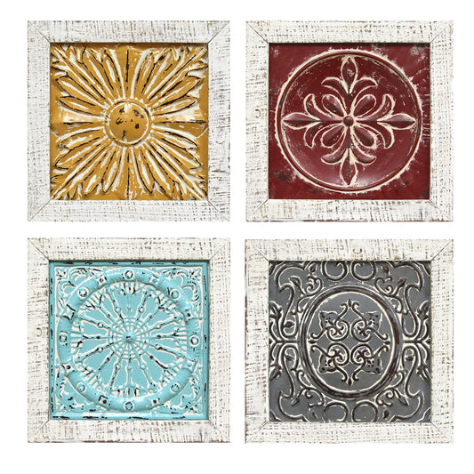 Set Of 4 Distressed Medallion Metal And Wood Framed Wall Art