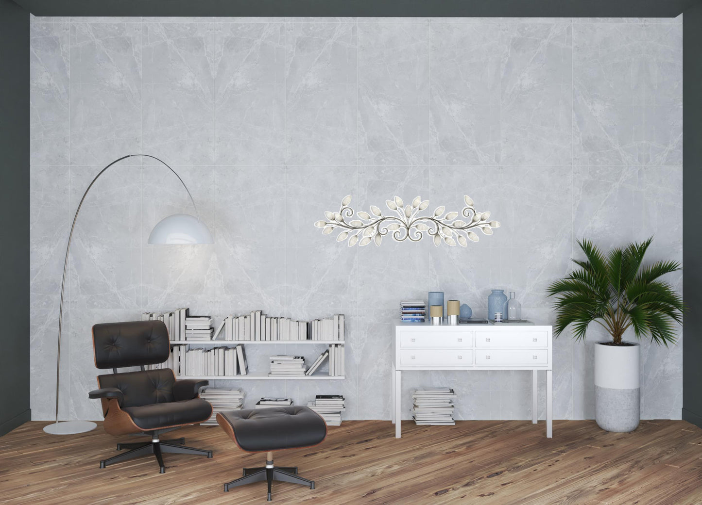 15" X 51" Pearl Metal Leaves Wall Decor
