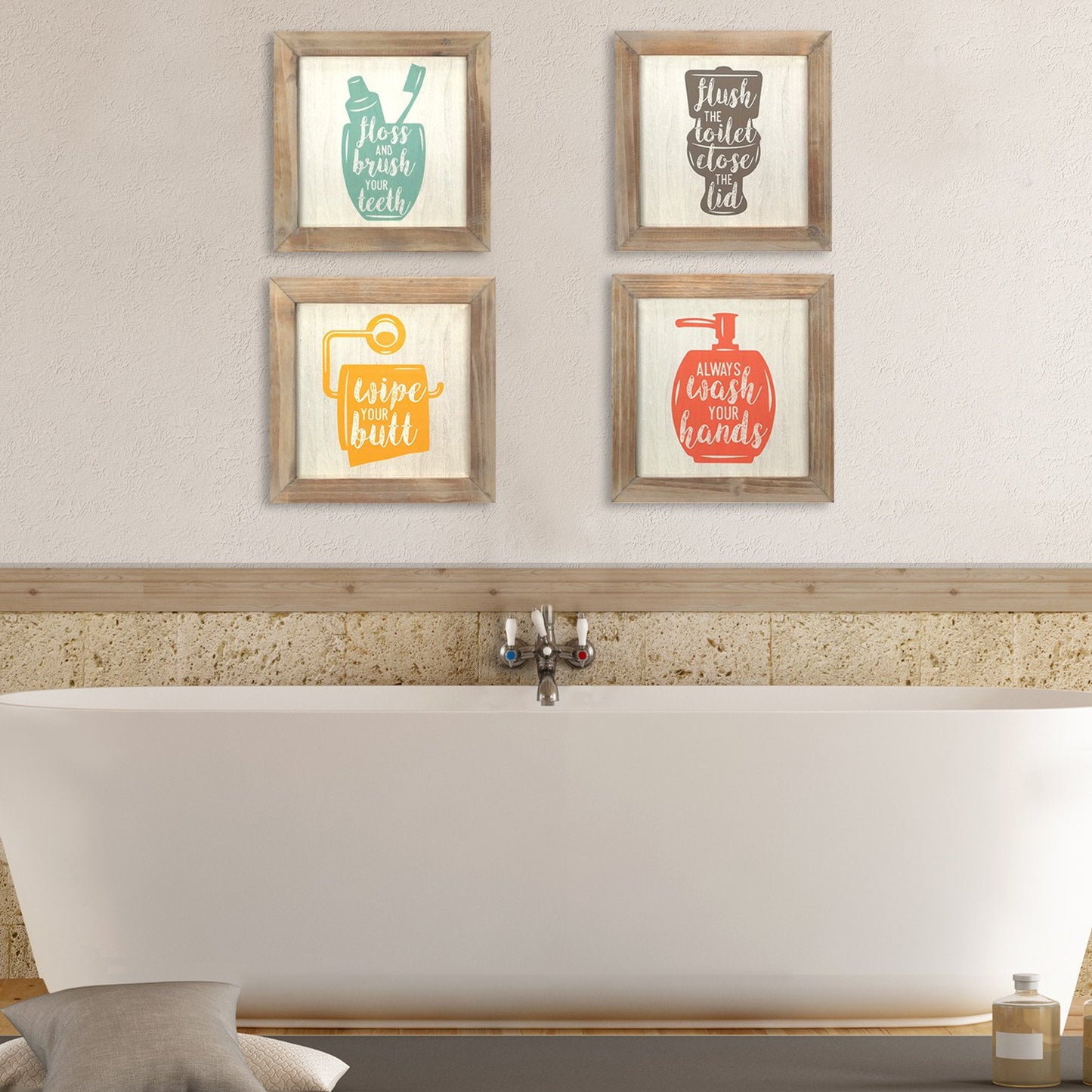Floss Flush Wipe Wash Metal And Wood Framed Wall Art