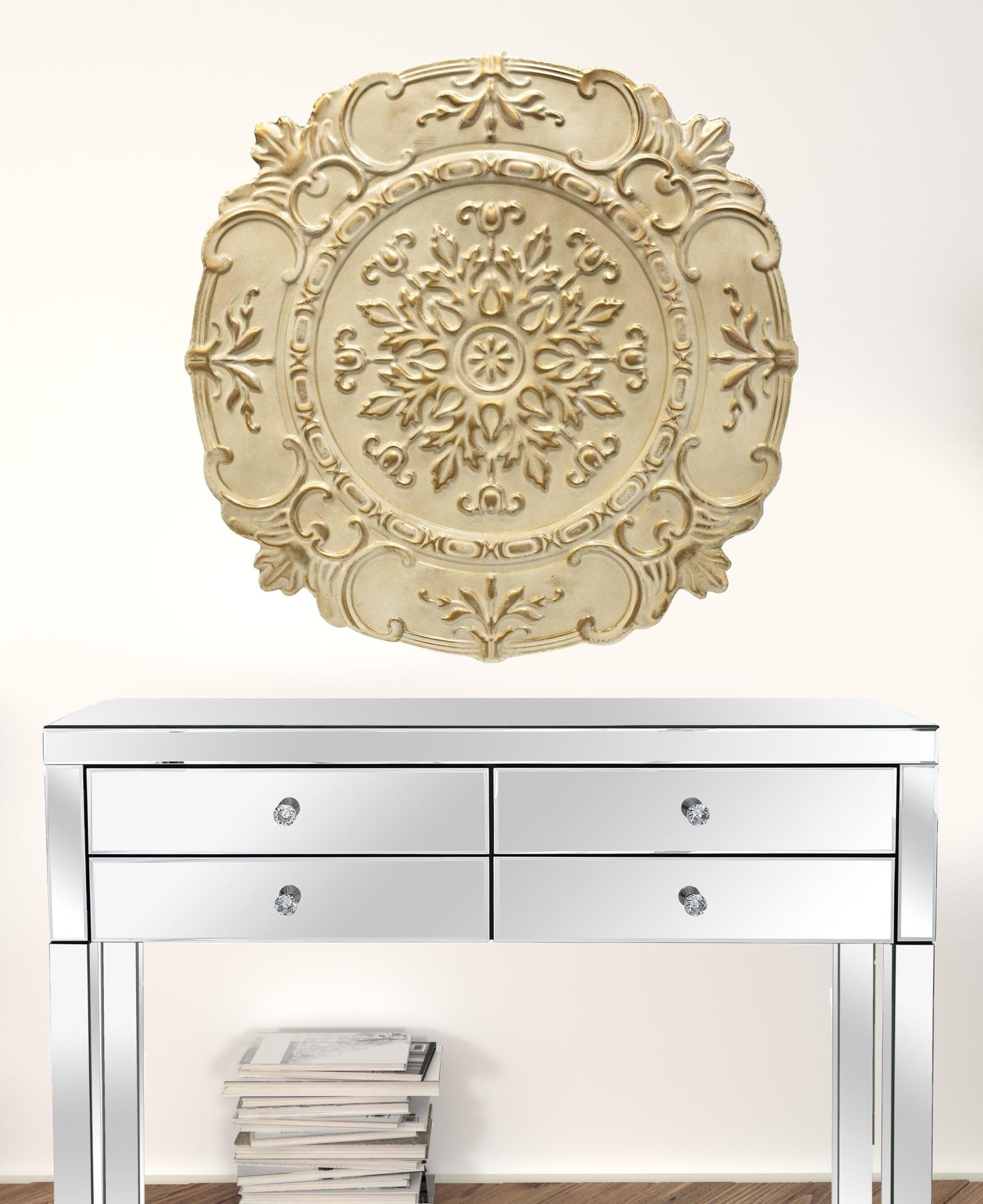 Distressed White European Medallion Metal Wall Decor
