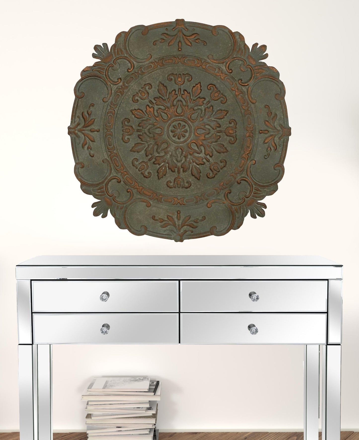Distressed Green European Medallion Metal Wall Decor