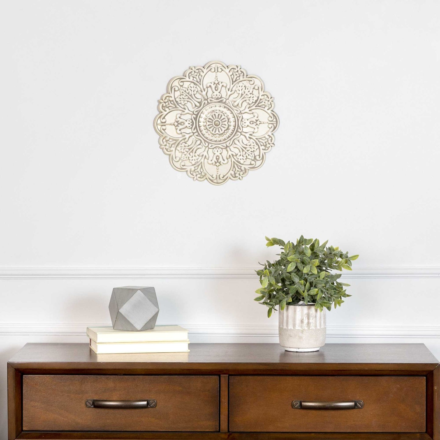 13" White Medallion Distressed Metal Wall Decor