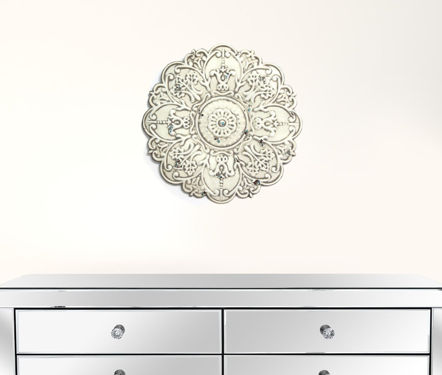 13" White Medallion Distressed Metal Wall Decor