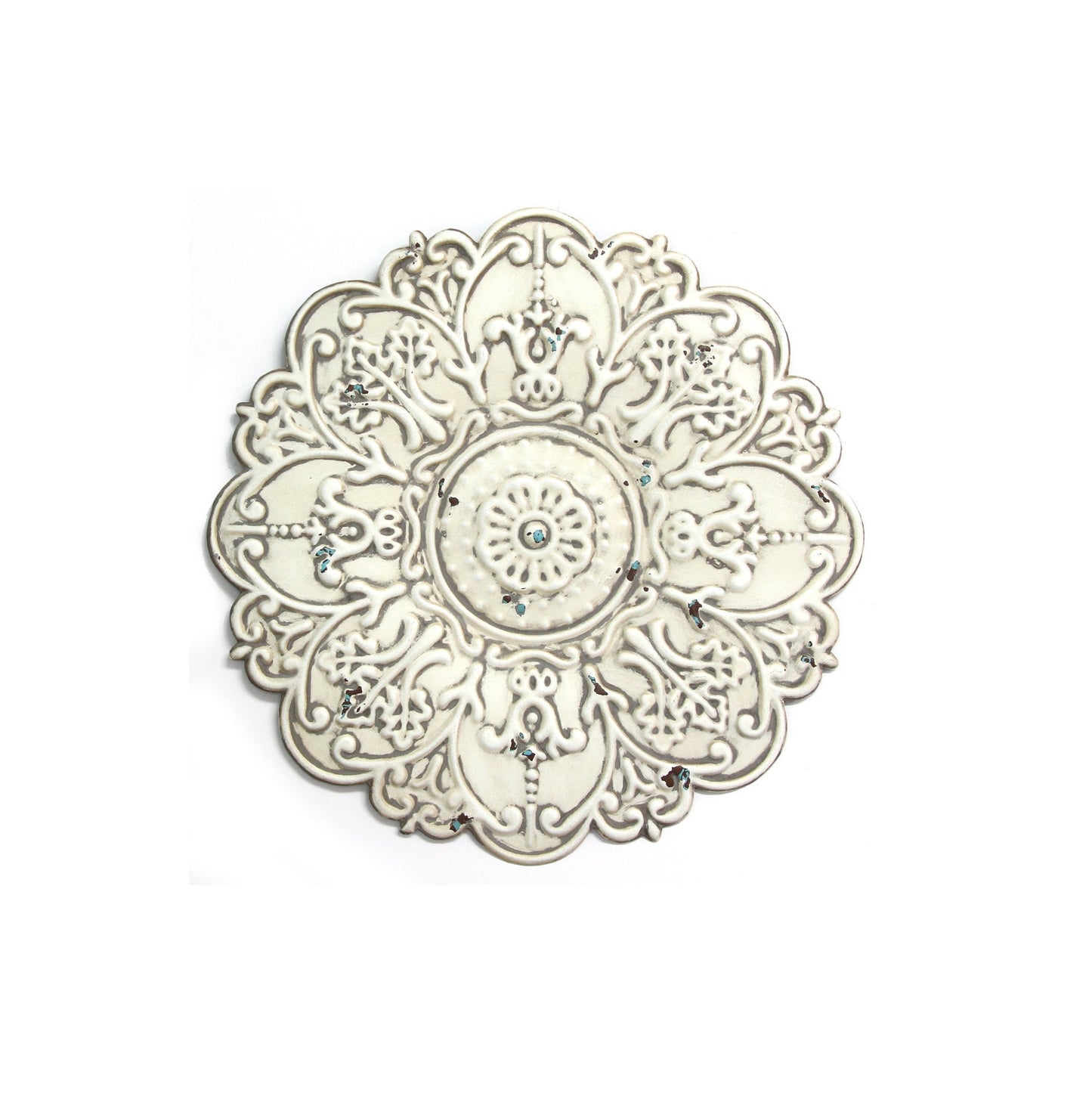 13" White Medallion Distressed Metal Wall Decor