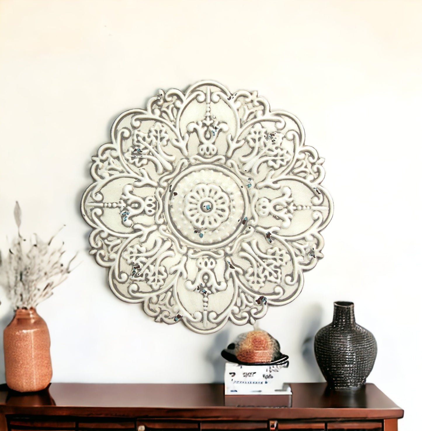 13" White Medallion Distressed Metal Wall Decor