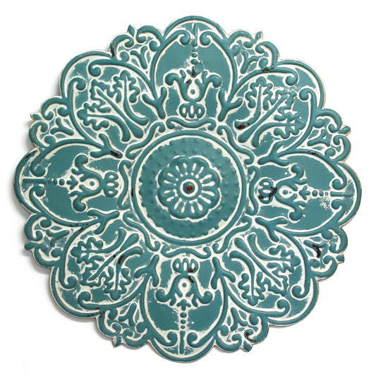 13" Teal Blue Medallion Distressed Metal Wall Decor