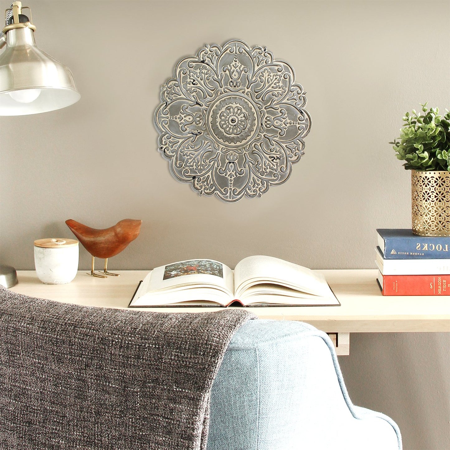 13" White Medallion Distressed Metal Wall Decor