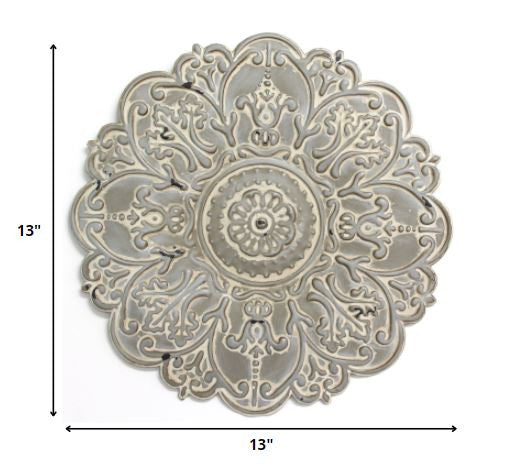 13" White Medallion Distressed Metal Wall Decor