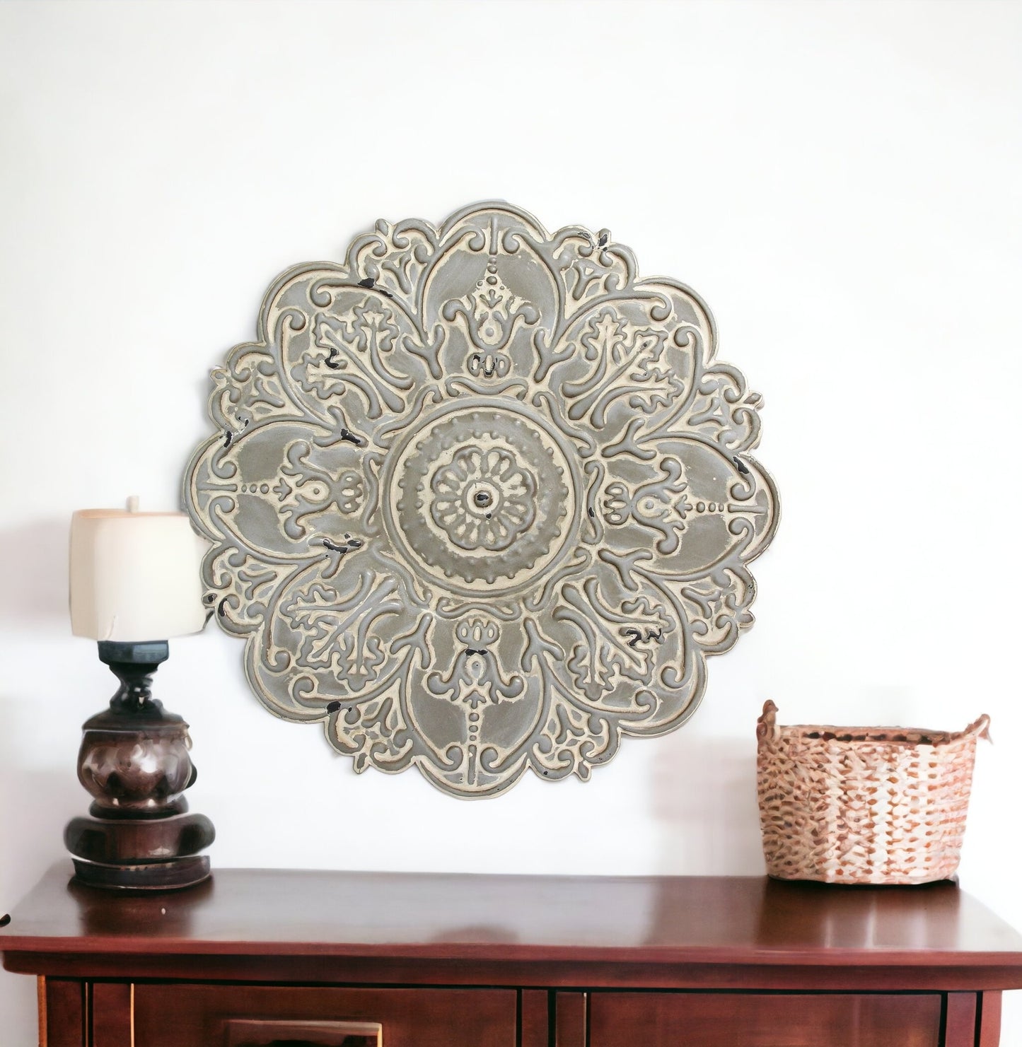 13" White Medallion Distressed Metal Wall Decor