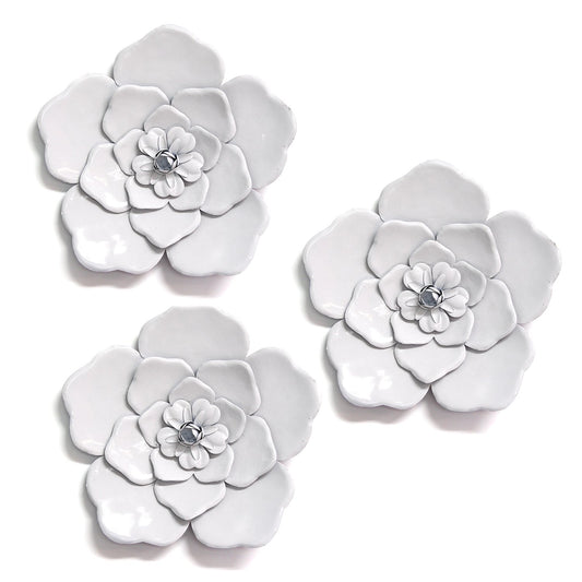 Set of Three 8" x 8" White Metal Flower Wall Decor