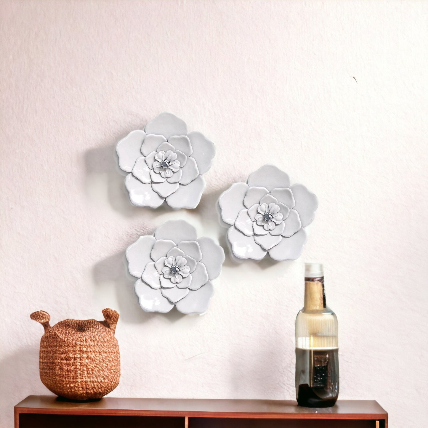Set of Three 8" x 8" White Metal Flower Wall Decor