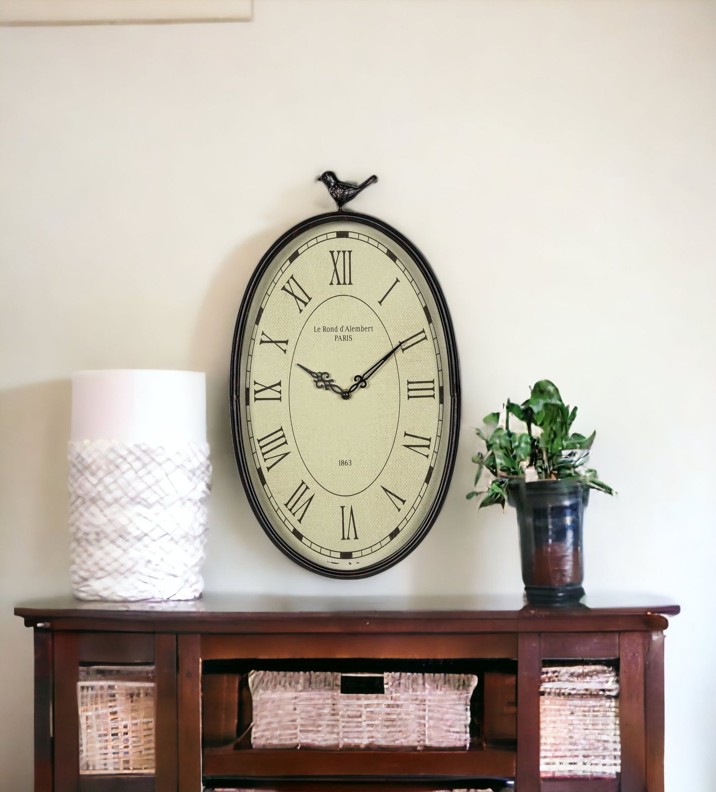 11" Oval Distressed Gunmetal Bird Analog Wall Clock