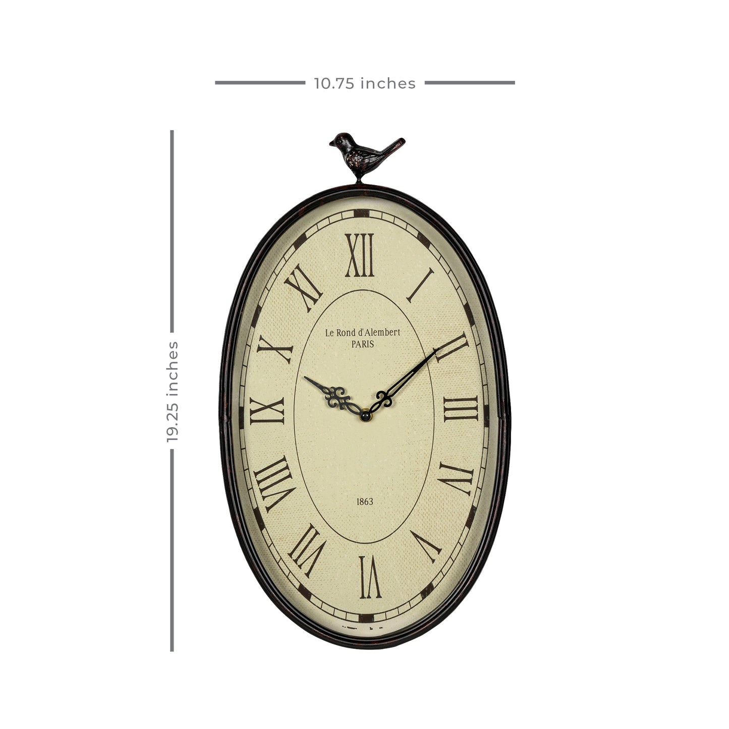 11" Oval Distressed Gunmetal Bird Analog Wall Clock