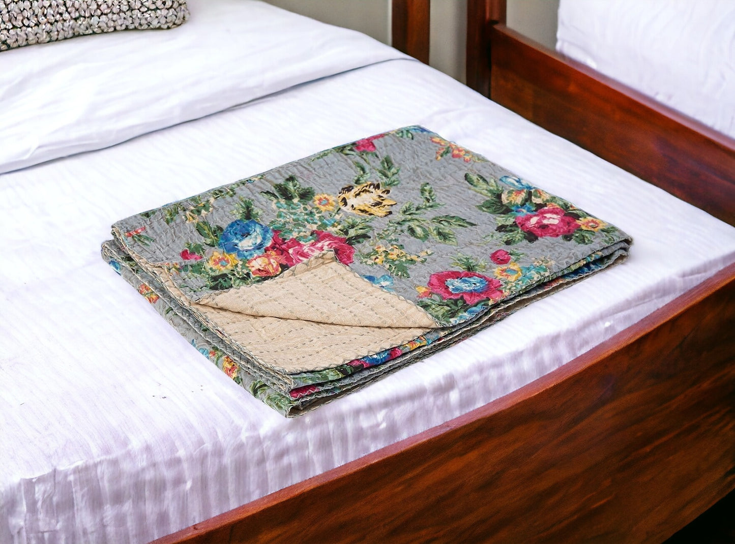 50" x 70" Gray and Blue Kantha Cotton Floral Throw Blanket