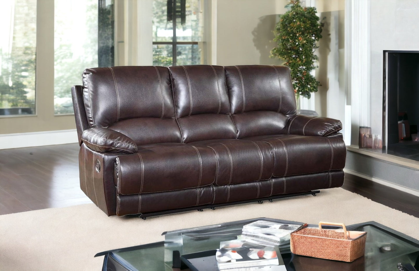 89" Brown And Black Faux Leather Reclining Sofa