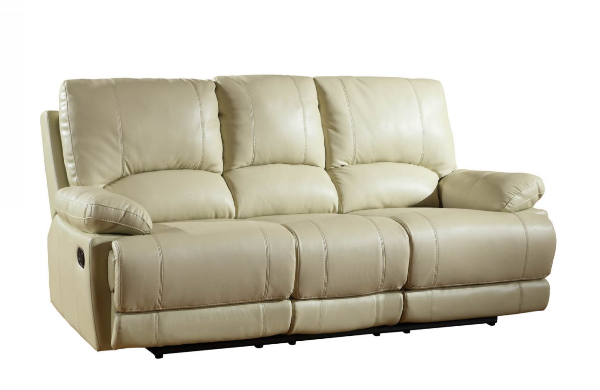 89" Beige And Black Faux Leather Reclining Sofa