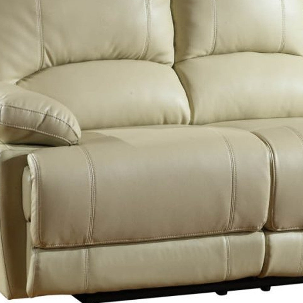 89" Beige And Black Faux Leather Reclining Sofa