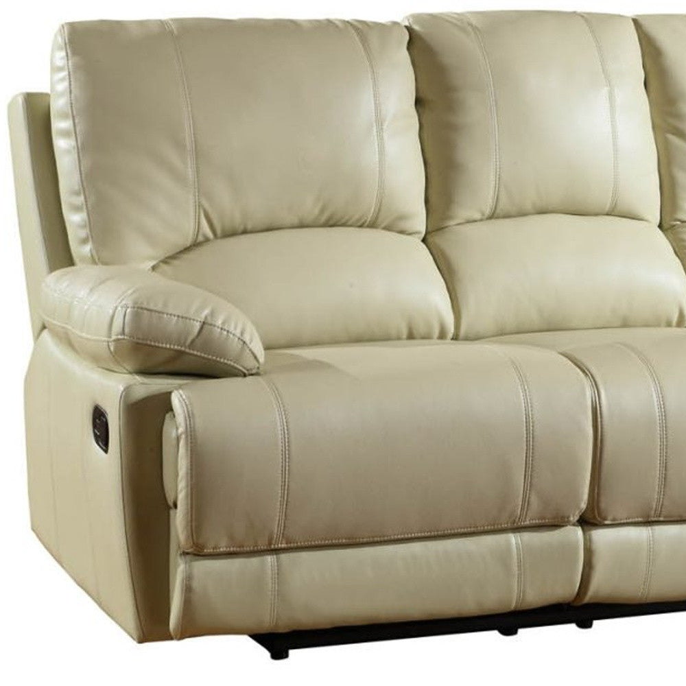 89" Beige And Black Faux Leather Reclining Sofa