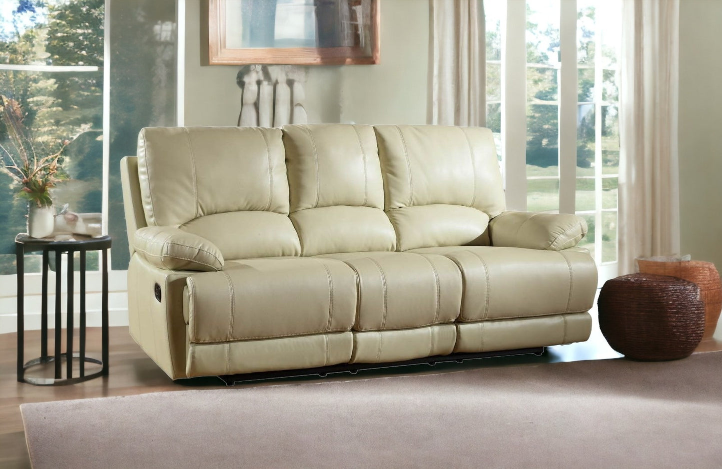 89" Beige And Black Faux Leather Reclining Sofa