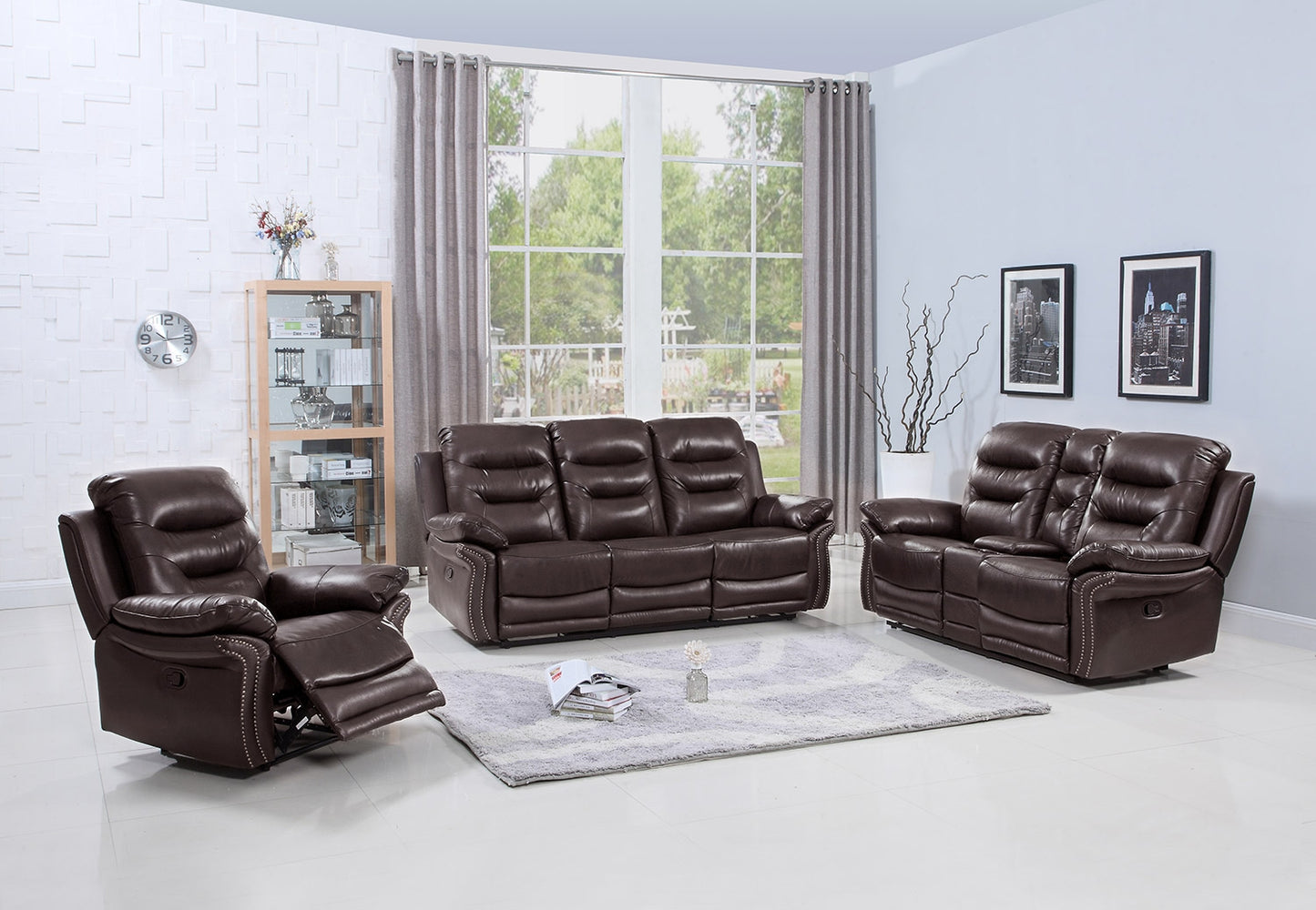 Two Piece Indoor Brown Faux Leather Five Person Seating Set