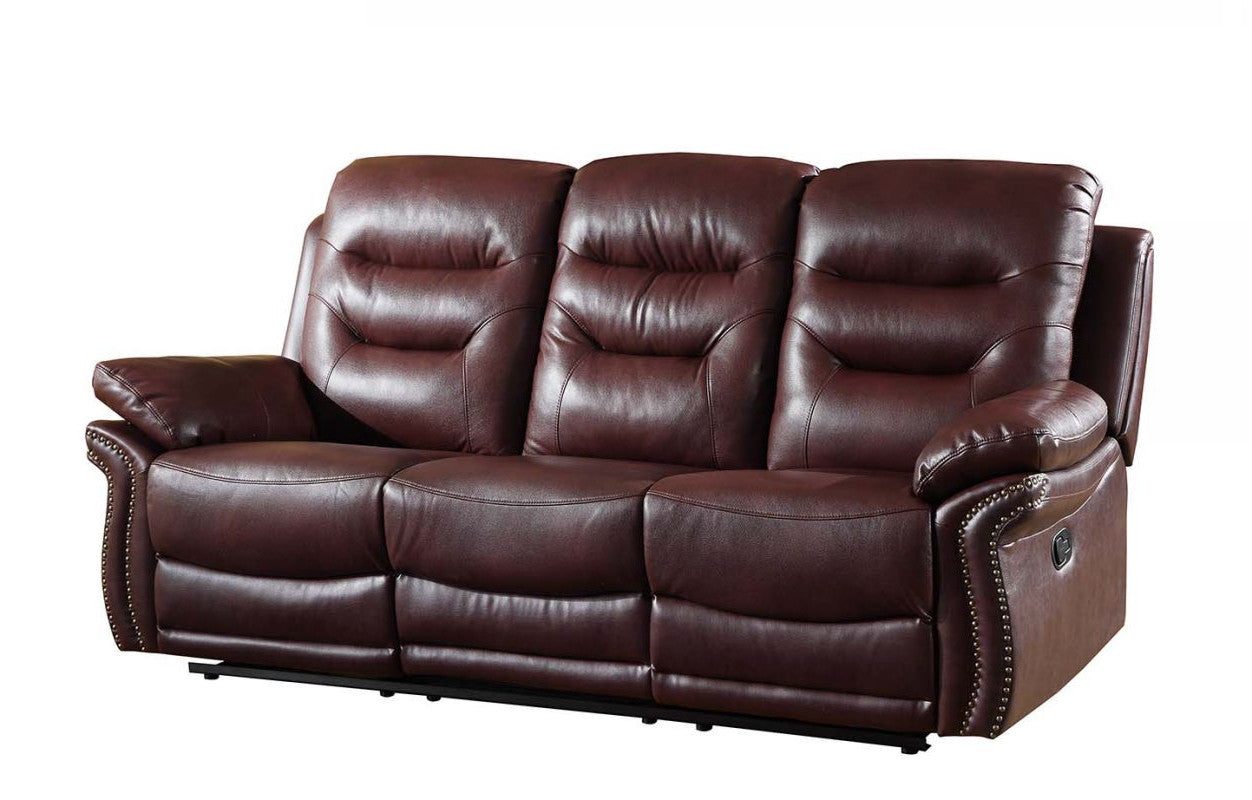 90" Burgundy And Black Faux Leather Reclining Sofa