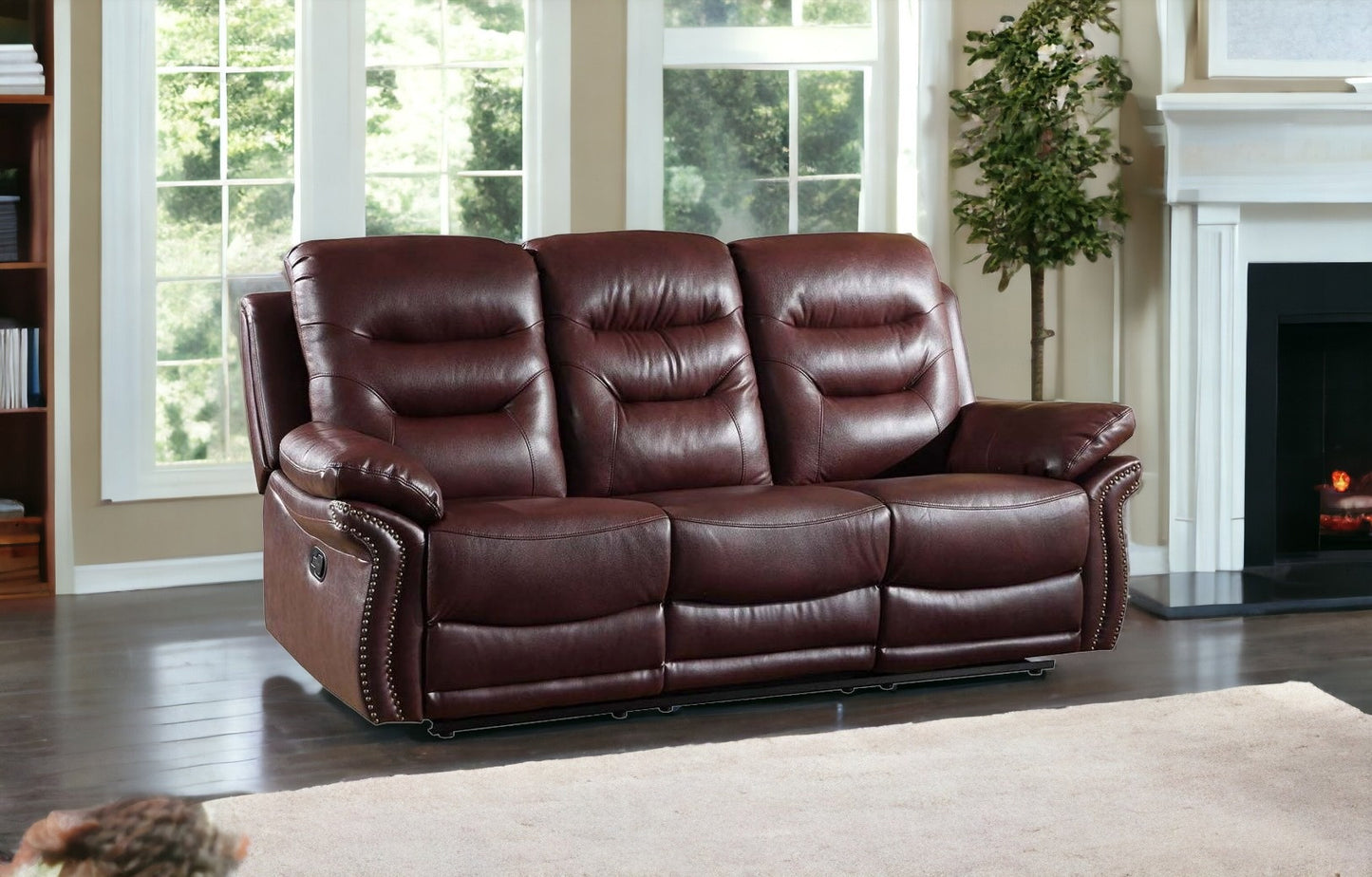 90" Burgundy And Black Faux Leather Reclining Sofa