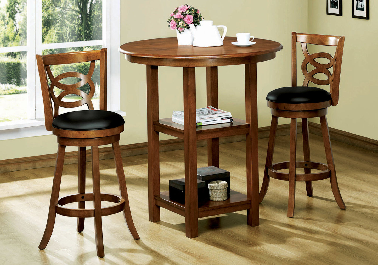 Set Of Two 84" Black And Brown Solid Wood Bar Chairs With Footrest