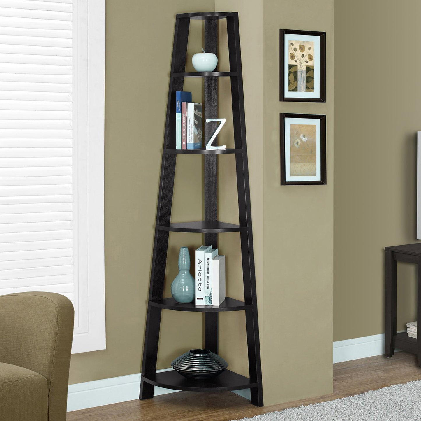 71" Taupe Five Tier Corner Bookcase