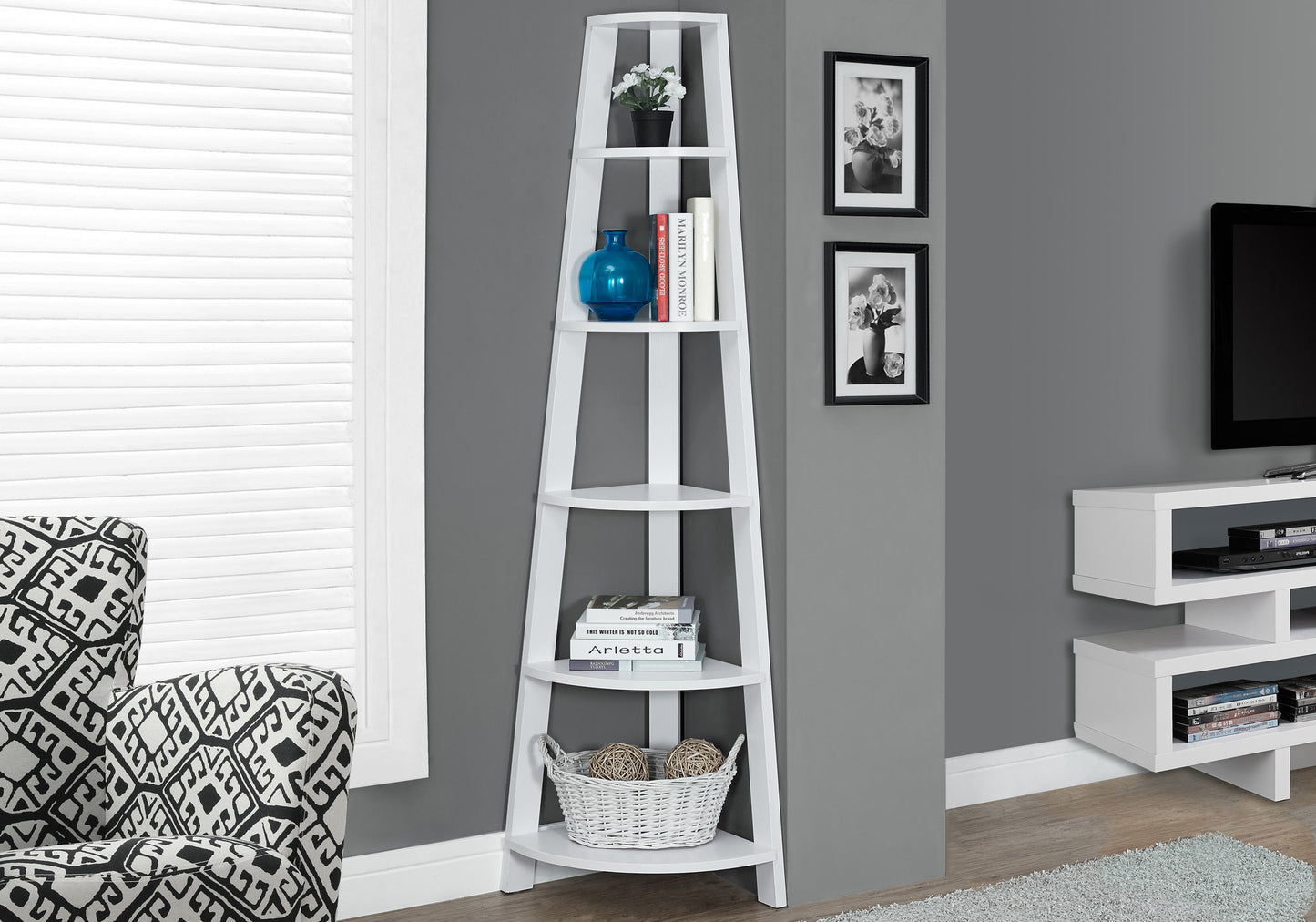 71" Taupe Five Tier Corner Bookcase
