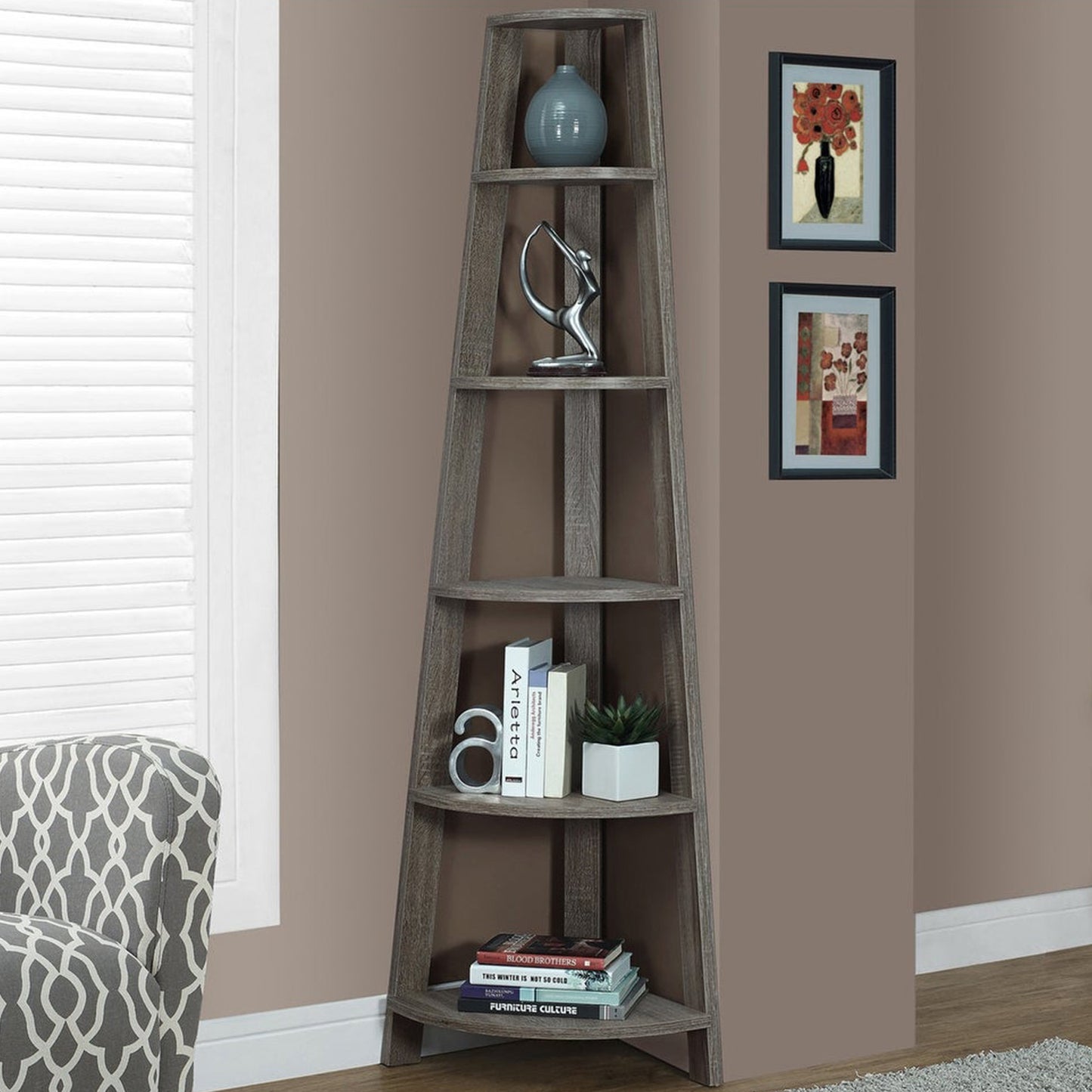 71" Taupe Five Tier Corner Bookcase