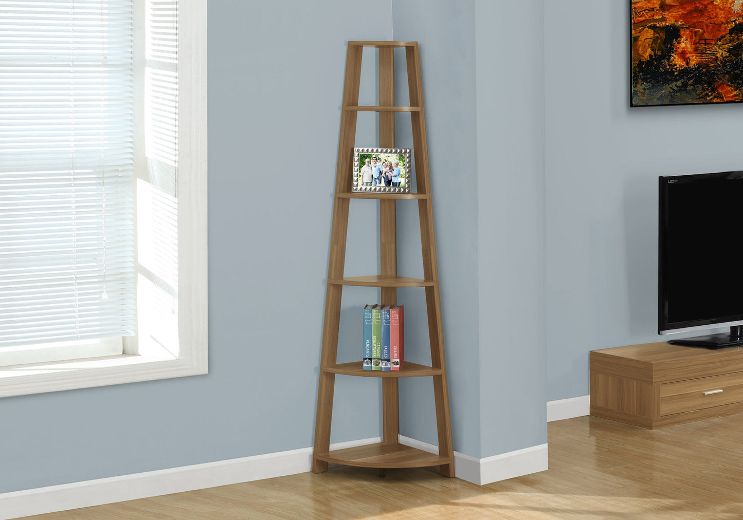 71" Taupe Five Tier Corner Bookcase